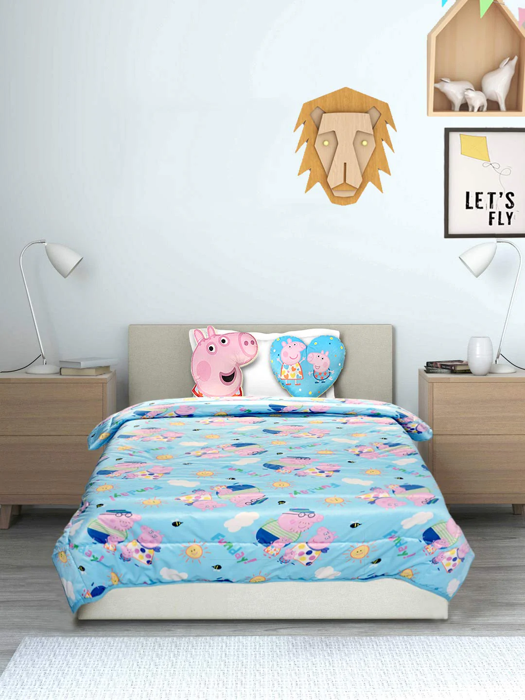 AC Quilt with 2 Cushions Velvet and Cotton with creative Peppa Pig design - (Turquoise, Pink 135X210 cm)