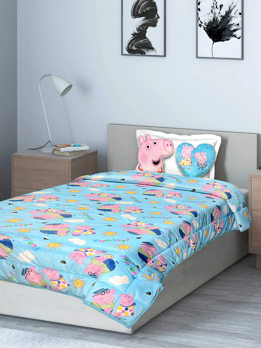 AC Quilt with 2 Cushions Velvet and Cotton with creative Peppa Pig design - (Turquoise, Pink 135X210 cm) - Image 3
