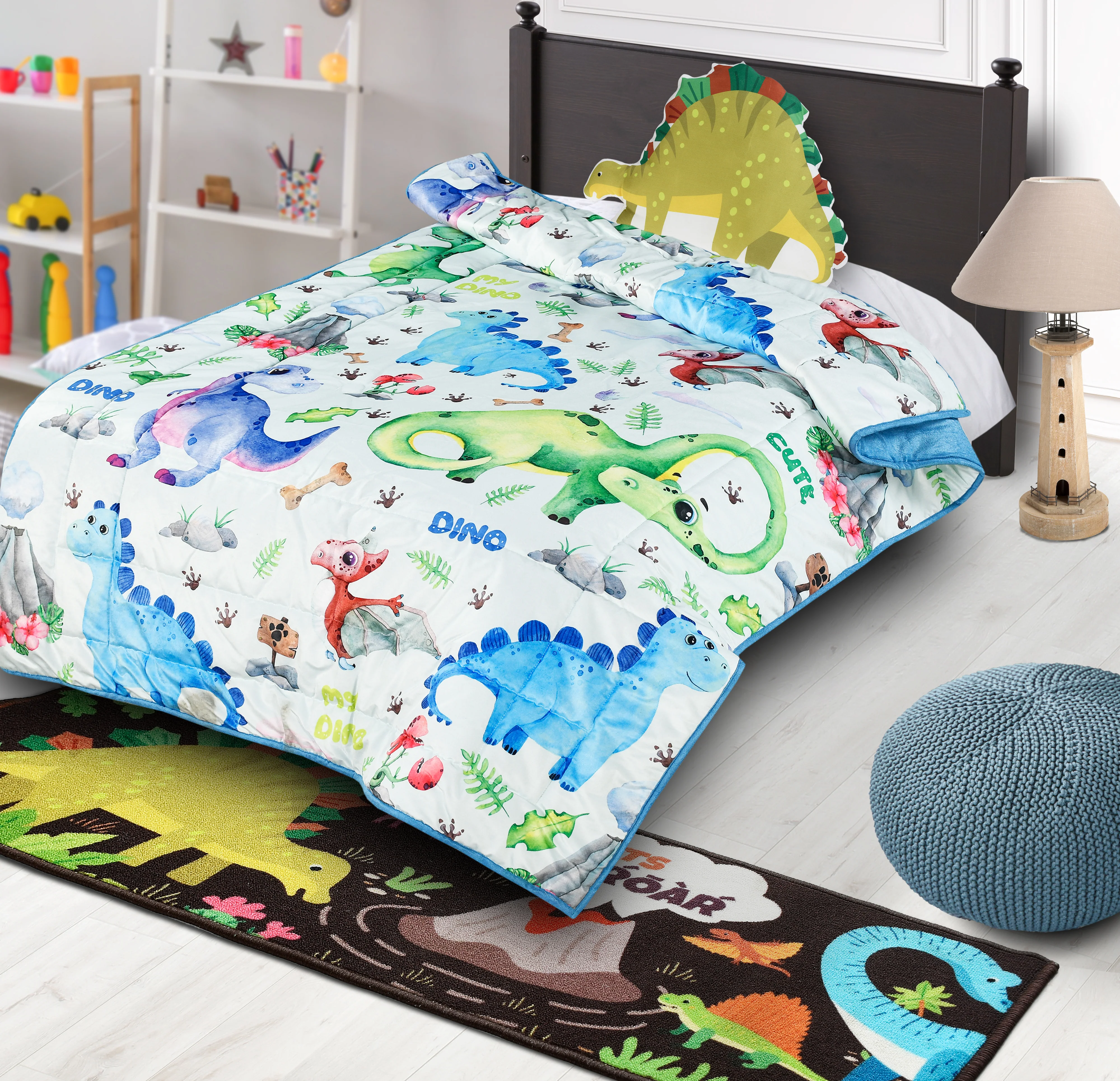 Dinosaur Velvet & Cotton AC Quilt | Includes 1 Cushion (Multi, 135x210 cm)