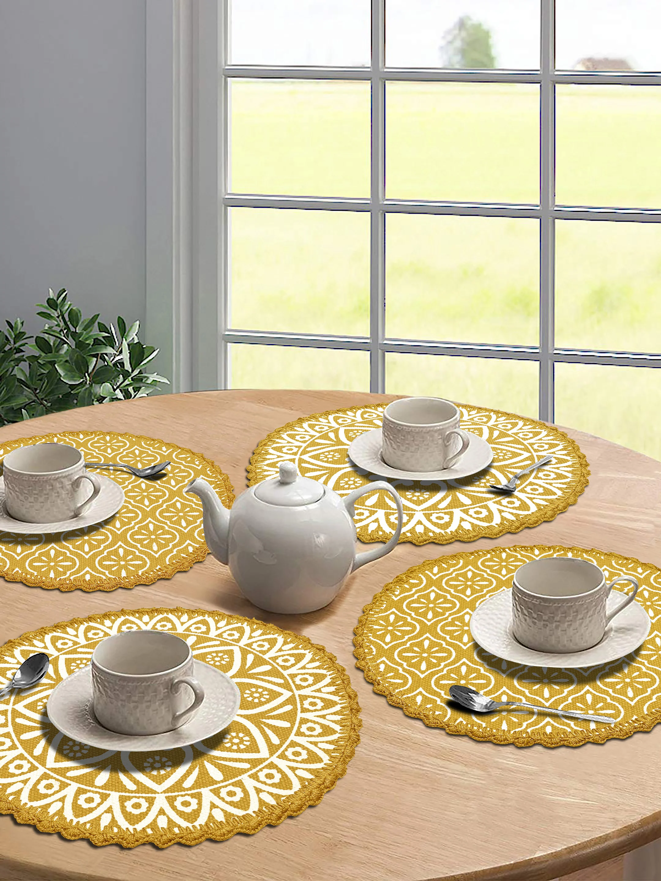 Crochet Round Table Mat with Fringe Edges | Handmade Anti-Skid Decorative Piece