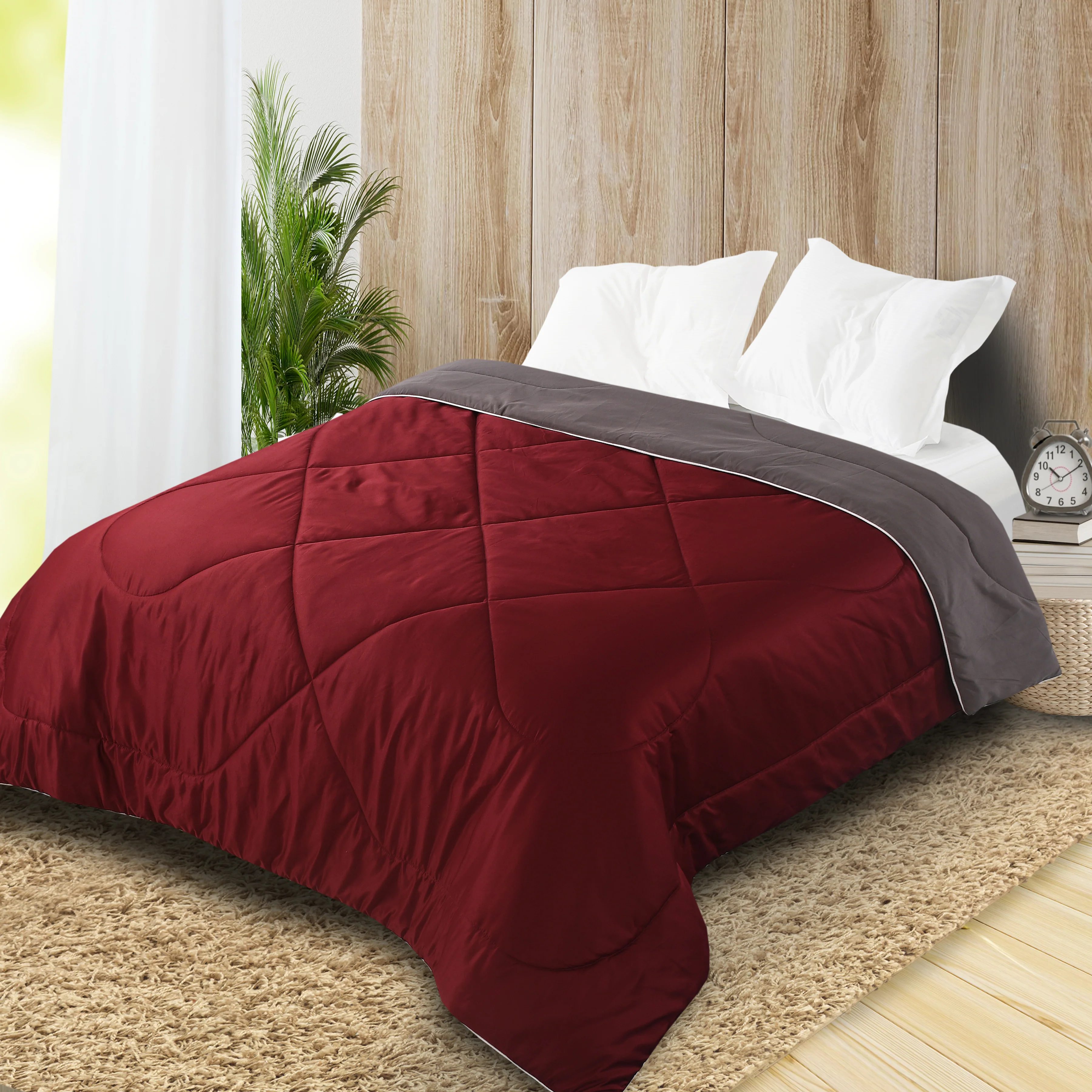 Reversible Solid Cotton Blanket/Comforter (Maroon + Grey) - Image 3