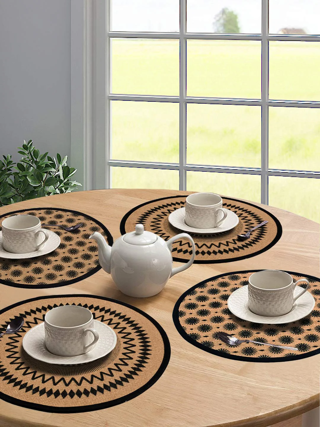 Black Jute & Cotton Printed Mat - Pack of 4 pc, 38x38 Cm
