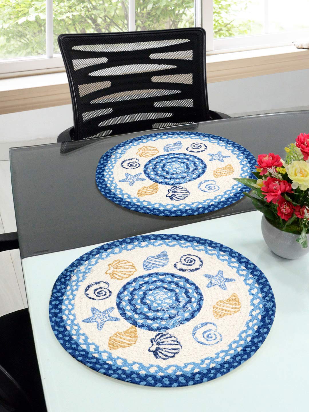 Blue Cotton Printed Table Mat - Pack of 2 pc, 38x38 Cms