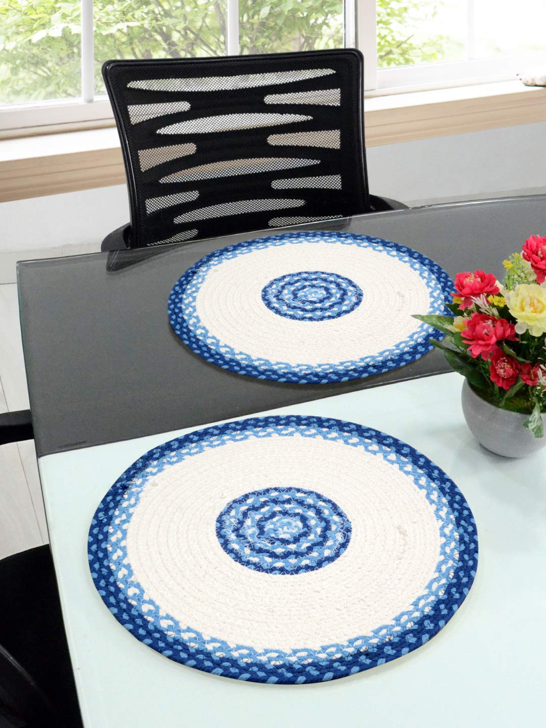 Blue Cotton Printed Table Mat - Pack of 2 pc, 38x38 Cms