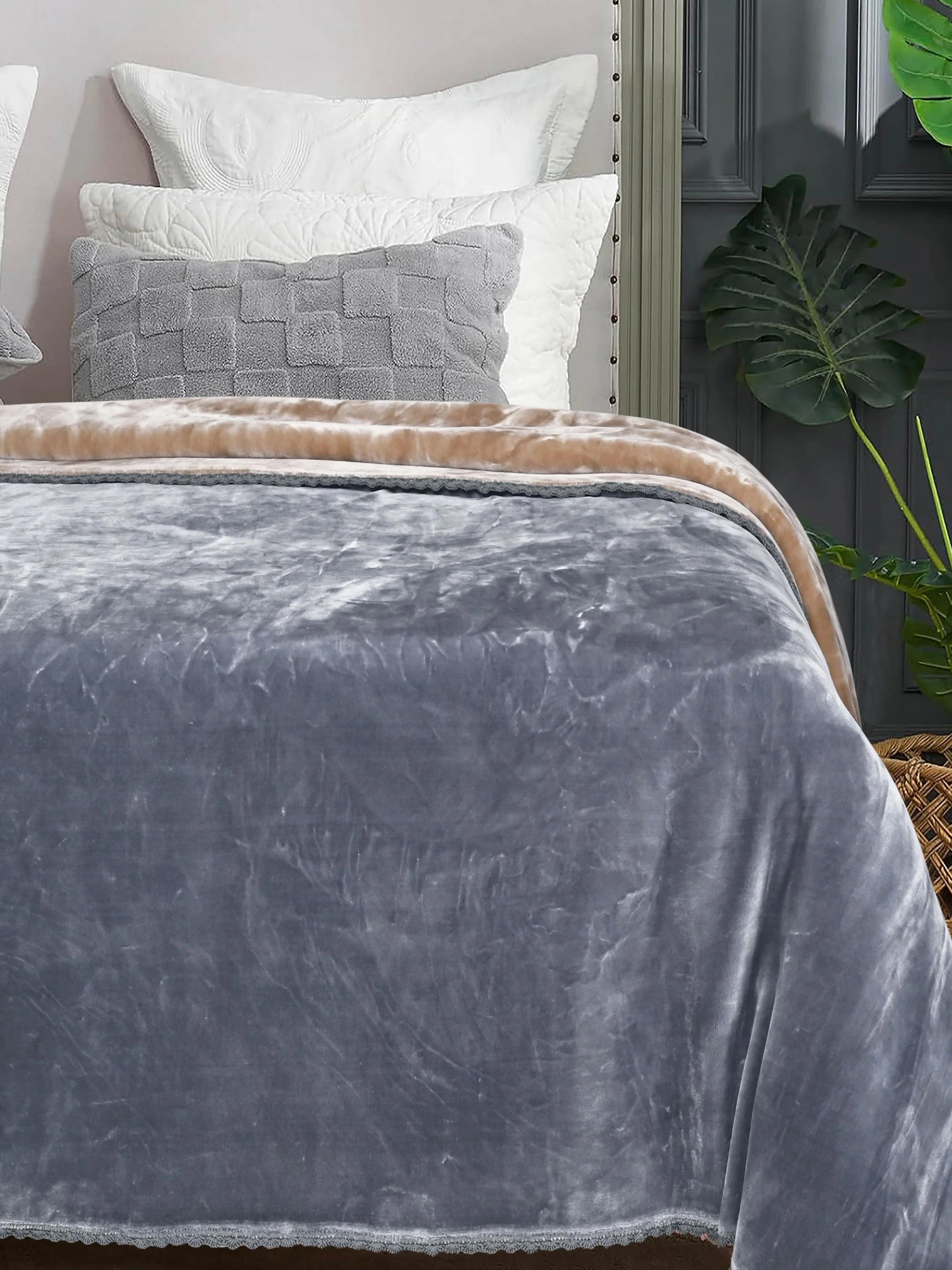 Winter Mink Cloudy Silky Soft Double-Color King Size 2-Layer Blanket with Crochet Lace Edges | Plush & Premium Feel